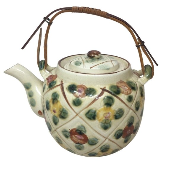 Vintage Flower Patterned Tea Pot with Lid and Wicker Handle- Made in Japan - Picture 5 of 11
